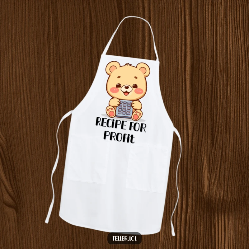 Funny bear cub focused on a calculator, printed on a durable apron, ready for kitchen fun.