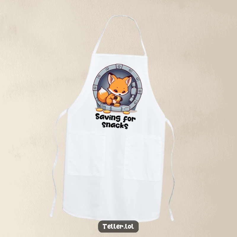 Funny apron showing a little fox cub carefully placing a coin into a vault, great for cooking.
