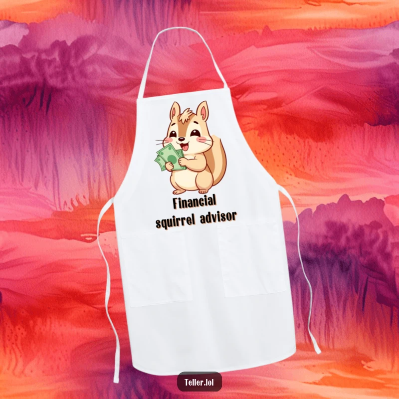 Funny apron showcasing a cheerful squirrel character counting a stack of bills, designed for kitchen prosperity and fun.