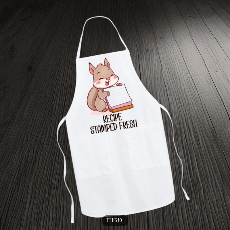 Funny apron showing a playful squirrel enthusiastically stamping a large ledger, great for cooking or baking.