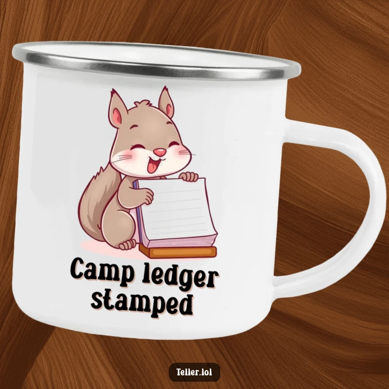Funny camping mug with a playful squirrel enthusiastically stamping a large ledger, designed for outdoor use.
