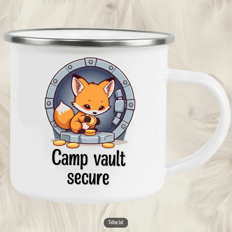 Funny camping mug with a little fox cub carefully placing a coin into a vault, for outdoor use.