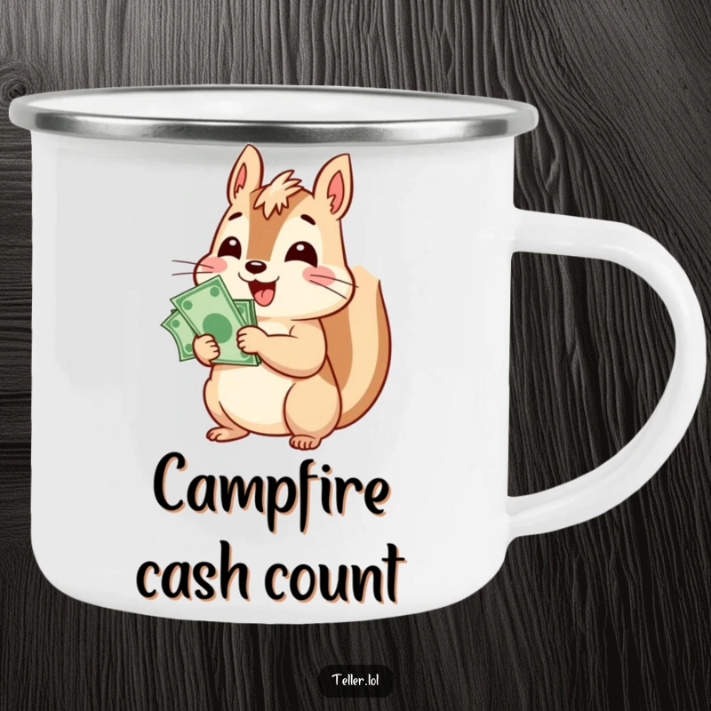 Funny enamel camping mug featuring a cheerful squirrel character counting a stack of bills, perfect for enjoying brews and big bucks.