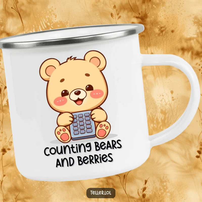 Funny bear cub operating a calculator on a durable camping mug, ready for outdoor enjoyment.