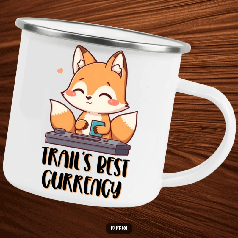 Funny Fox Camping Mug: A playful fox character offers a friendly nod during a transaction, ideal for adventurous sipping.