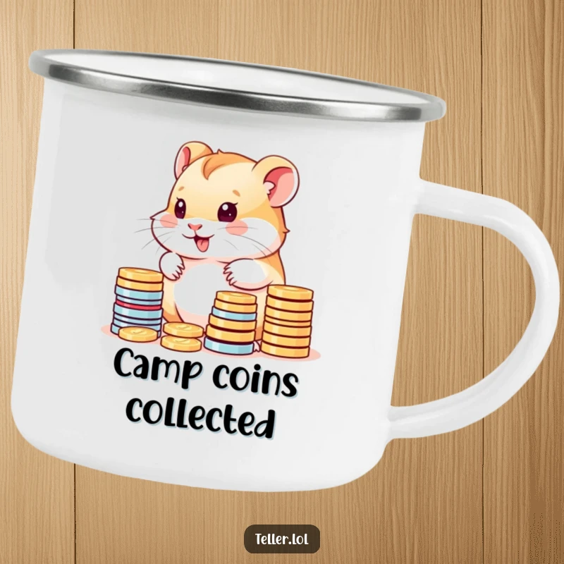 Funny camping mug with a cute hamster cub happily counting colorful coins, designed for outdoor adventures.
