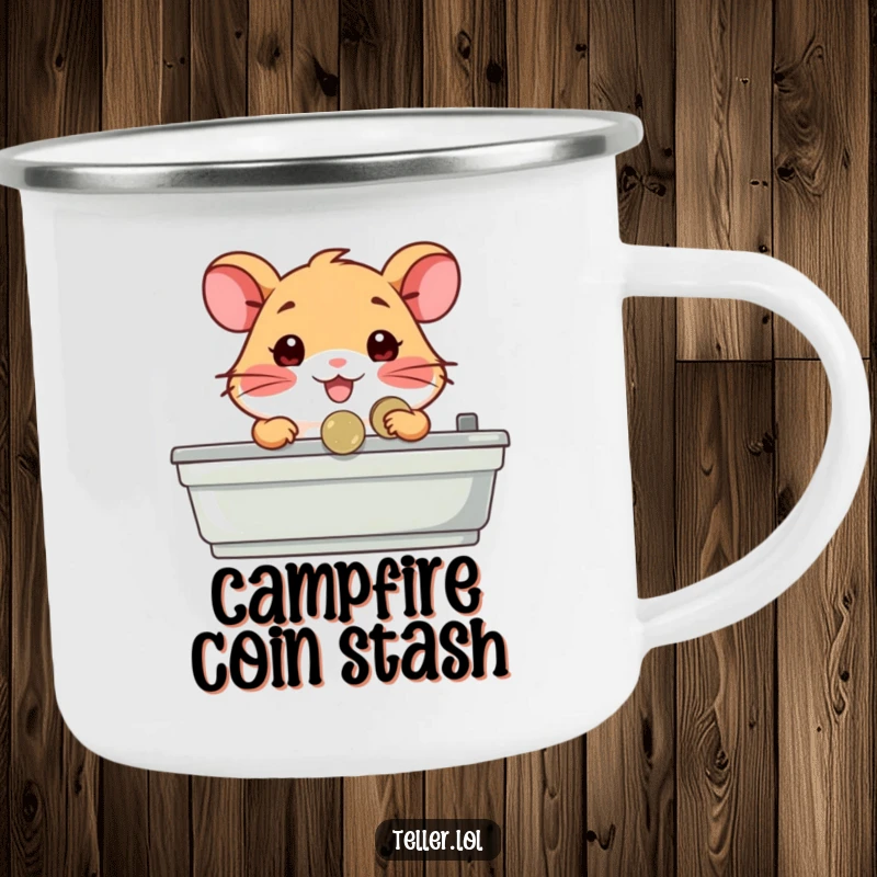 Funny enamel camping mug featuring a happy hamster character behind a counter, handing a coin, perfect for enjoying brews and business.