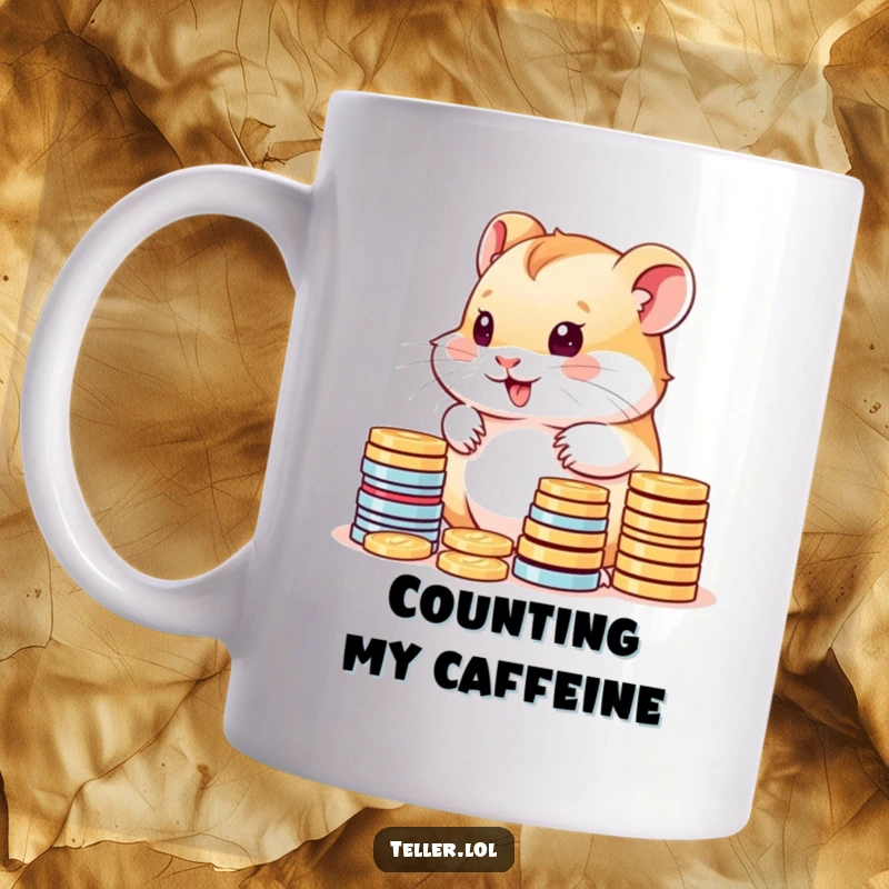 Funny mug featuring a cute hamster cub happily counting stacks of colorful coins with a focused, joyful expression.