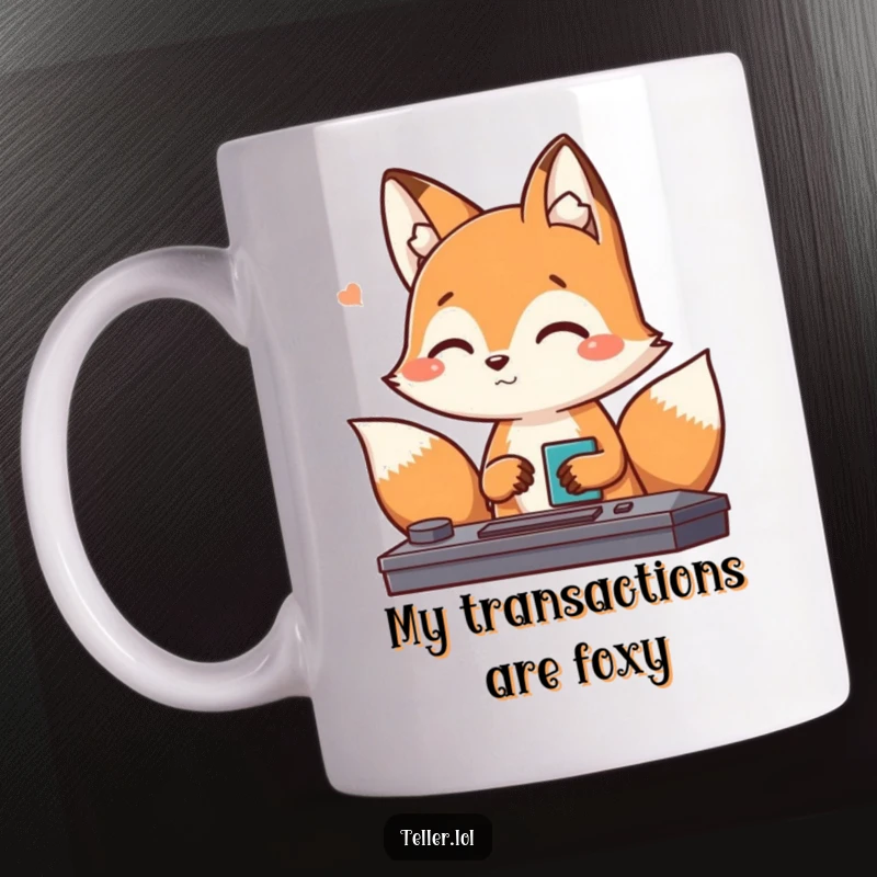 Funny Fox Mug: A playful fox character nods friendly while processing a transaction, radiating cheerful business vibes.