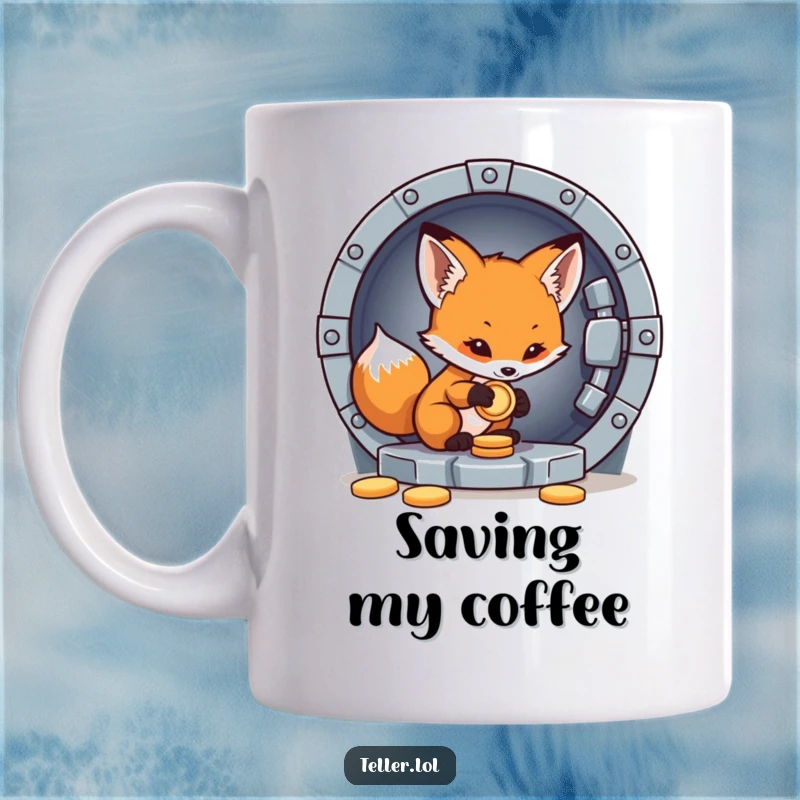 Funny mug featuring a little fox cub carefully placing a coin into a secure vault with a focused expression.