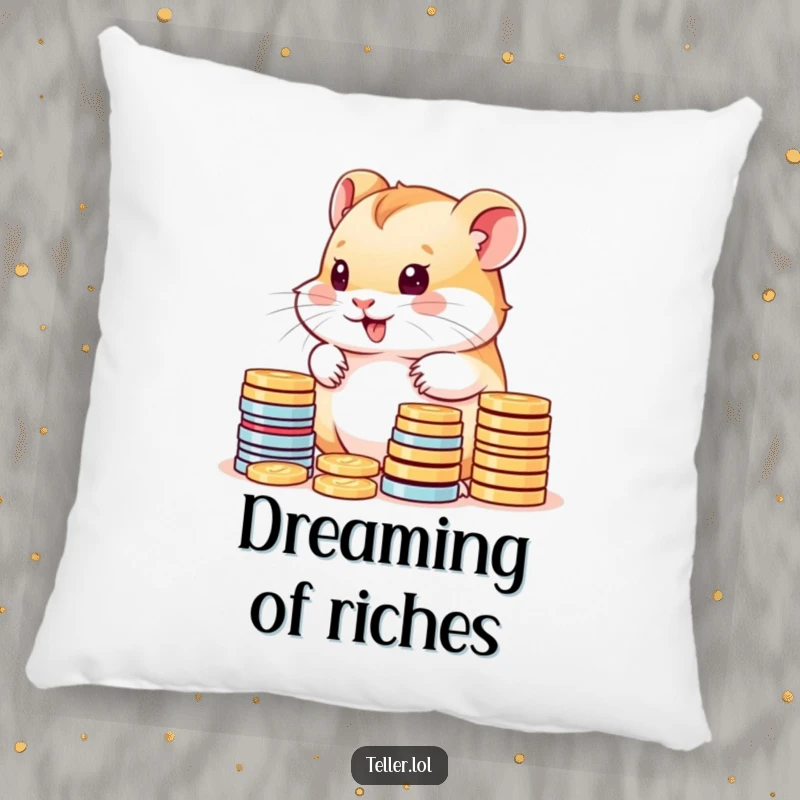 Funny pillow with a cute hamster cub character happily counting stacks of colorful coins, ideal for comfort.