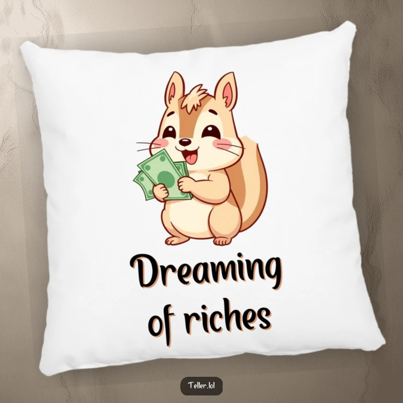 Funny decorative pillow featuring a cheerful squirrel character counting money, symbolizing cute wealth and cozy vibes.
