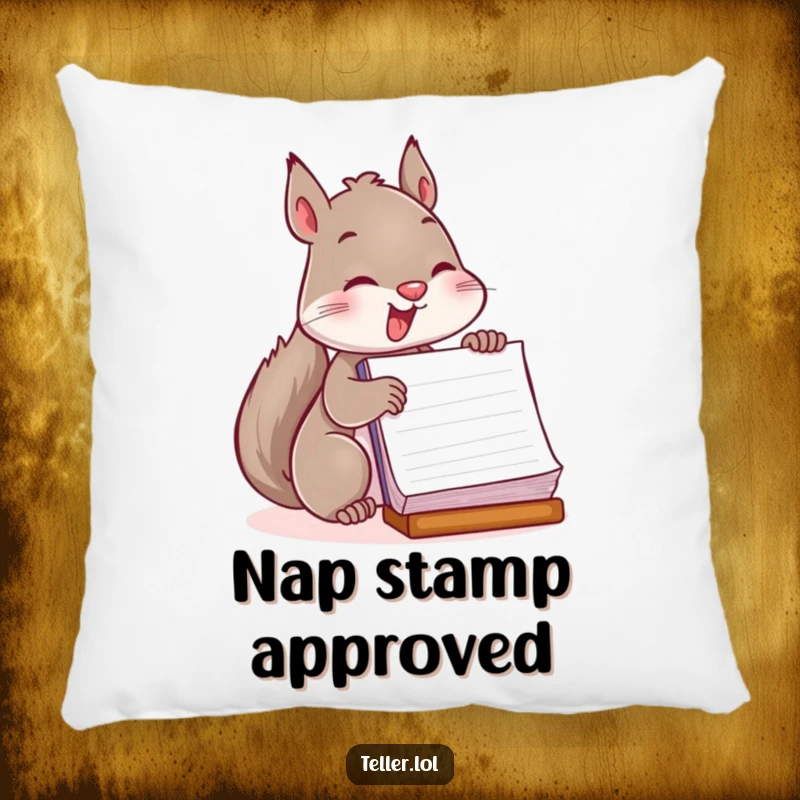 Funny pillow with a playful squirrel character enthusiastically stamping a large ledger, ideal for comfort.