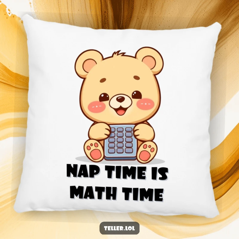 A soft, plush pillow featuring a funny bear cub happily operating a calculator, perfect for relaxation.