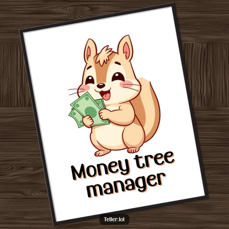 Funny digital art print of a cheerful squirrel character happily counting a stack of bills, capturing a moment of joyous financial success.