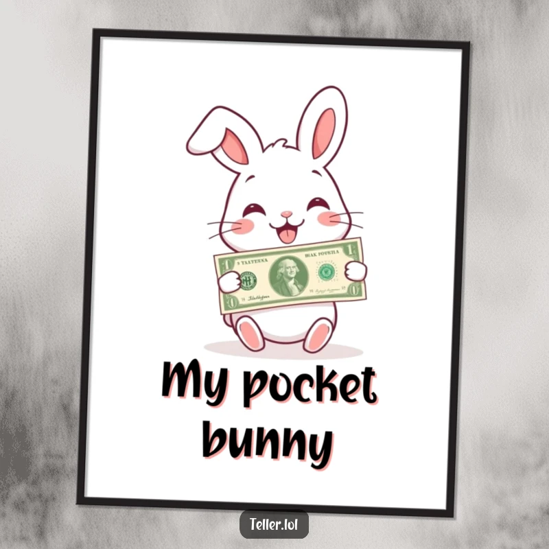 Funny digital art print of a charming rabbit with a wide smile, handing over a banknote, ready for download.