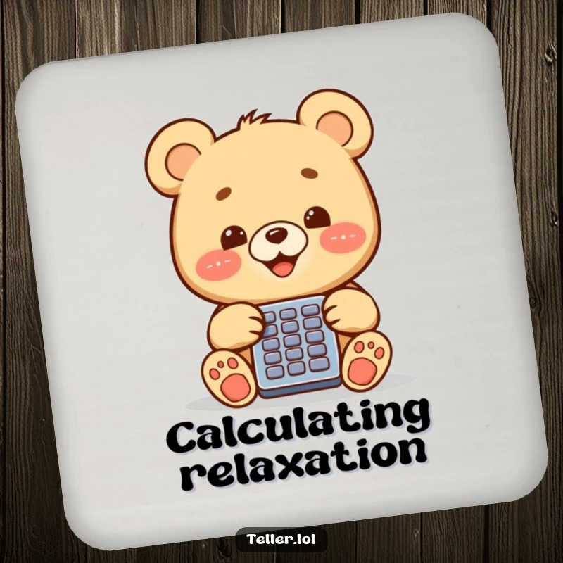 A funny bear cub happily using a calculator, designed onto a protective drink coaster.