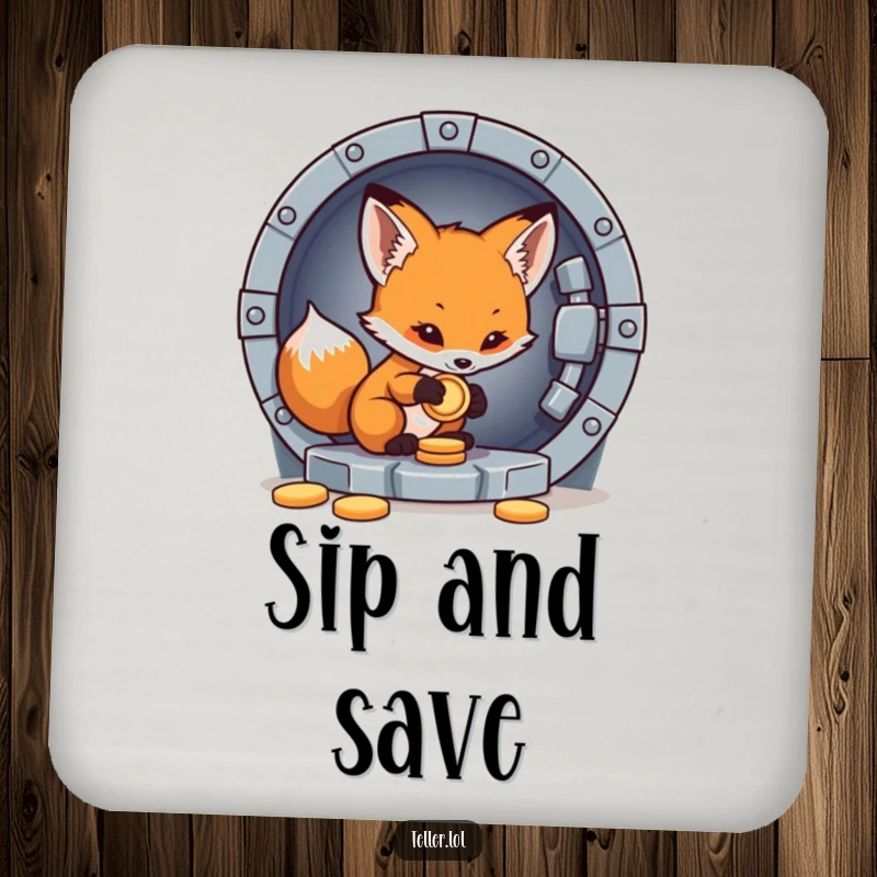 Funny drink coaster featuring a little fox cub carefully placing a coin into a vault, protecting surfaces.