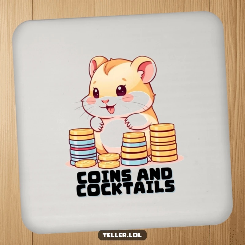 Funny drink coaster featuring a cute hamster cub happily counting stacks of colorful coins, protecting surfaces.