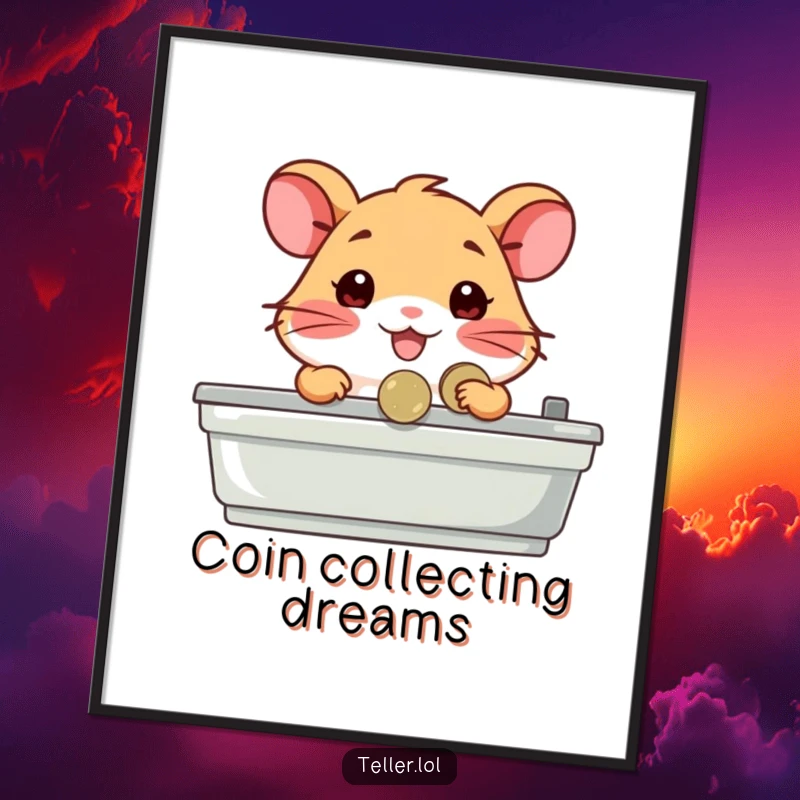 Funny poster of a happy hamster character working as a cashier, handing a coin to an unseen customer with a look of satisfaction.