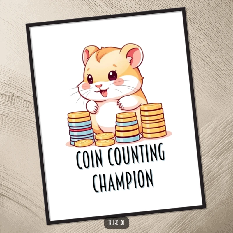 Funny poster art of a cute hamster cub joyfully counting stacks of colorful coins, perfect for wall decor.