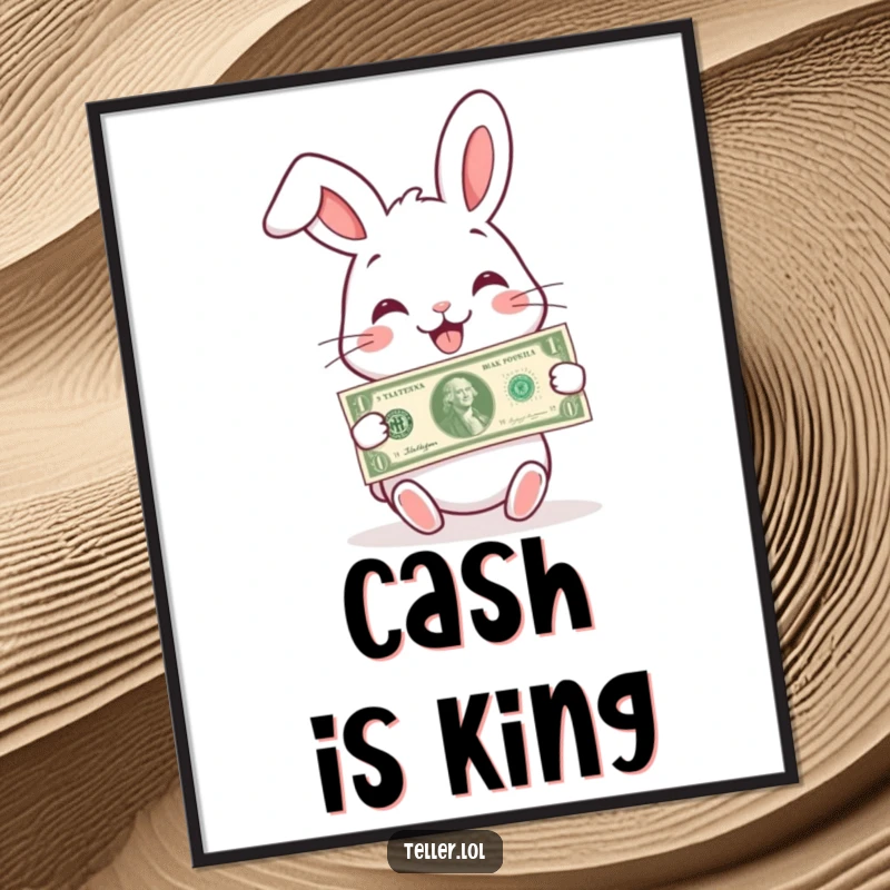 Funny poster art of a charming rabbit with a wide smile, handing over a banknote, perfect for decor.