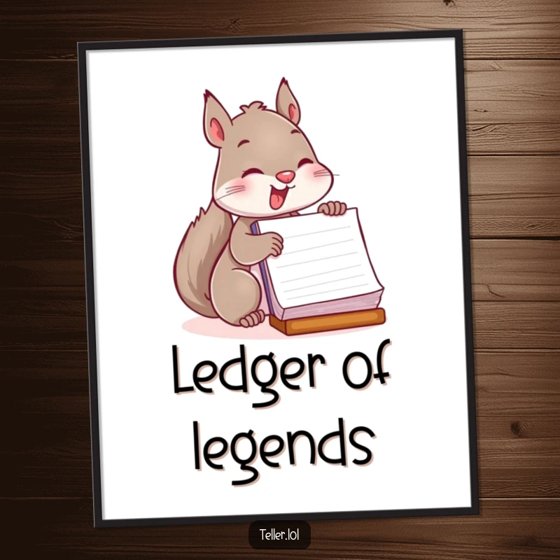 Funny poster art of a playful squirrel enthusiastically stamping a large ledger, perfect for wall decor.