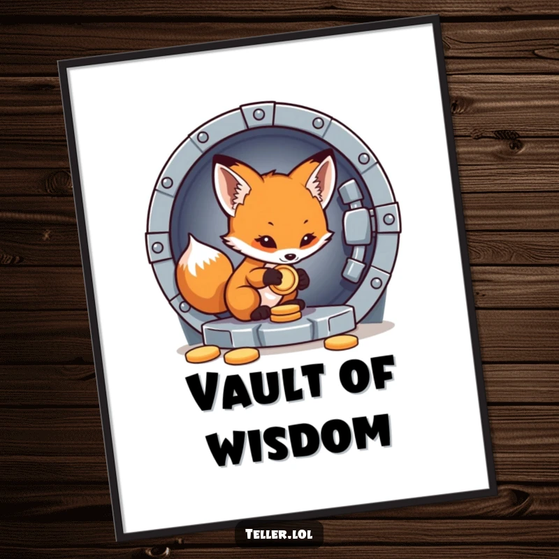 Funny poster art of a little fox cub carefully placing a coin into a vault, perfect for decor.