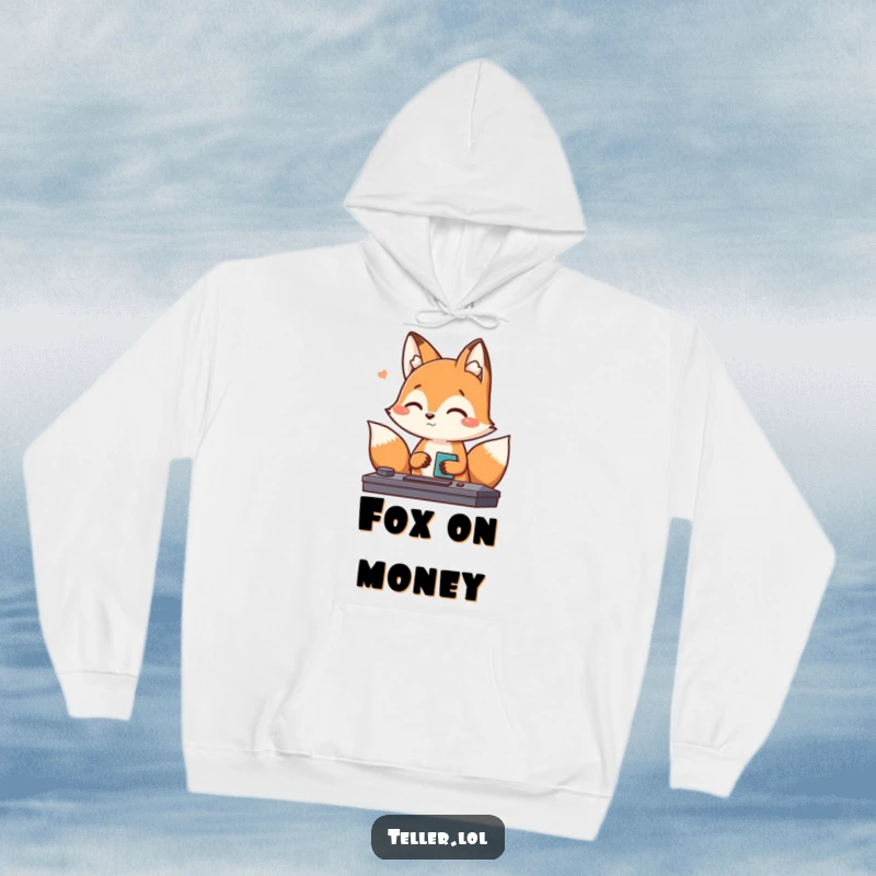 Funny Fox Hoodie: A playful fox character offers a friendly nod while managing a transaction, embodying efficient and amusing style.