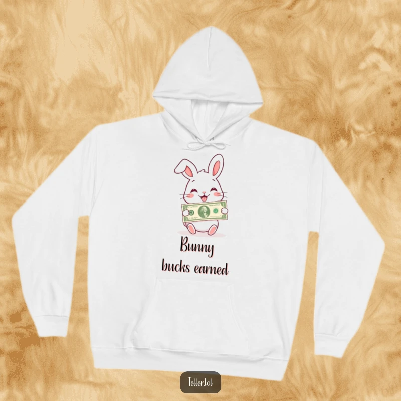 Funny hoodie featuring a charming rabbit with a wide smile, holding and giving a banknote.