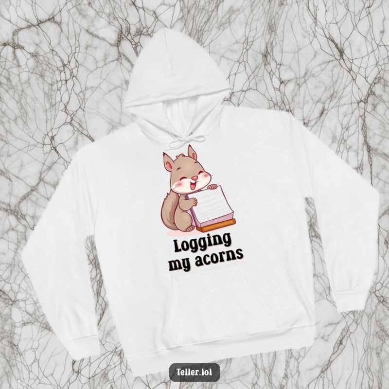 Funny hoodie featuring a playful squirrel enthusiastically stamping a large ledger filled with many entries.