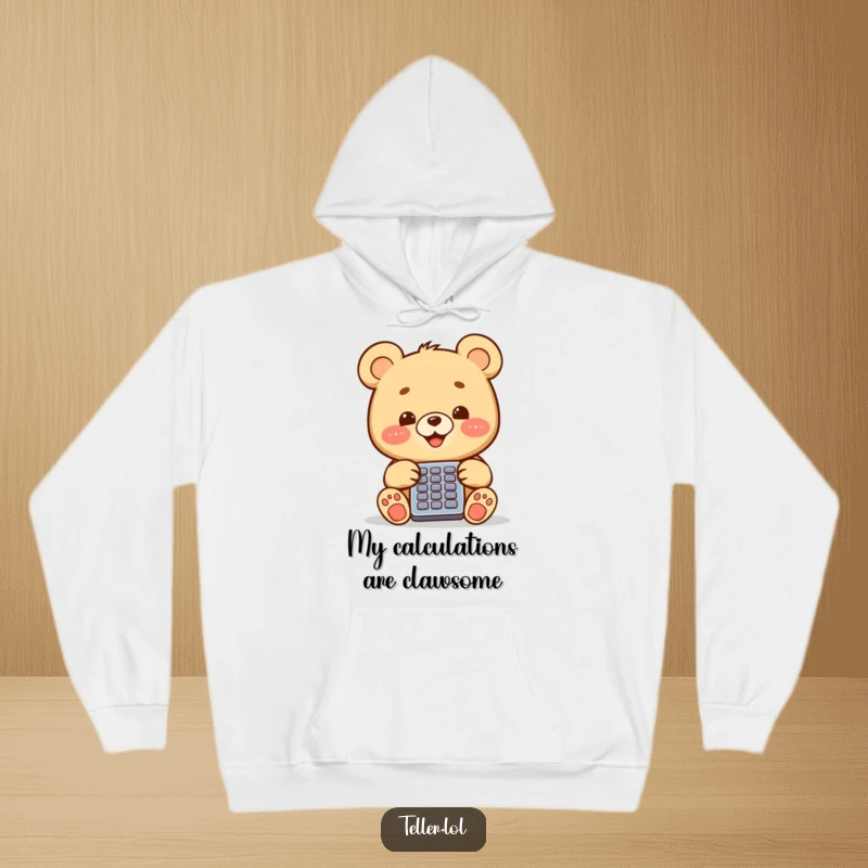 Funny cheerful bear cub using a calculator, depicted on a cozy, warm hoodie, perfect for chilly days.