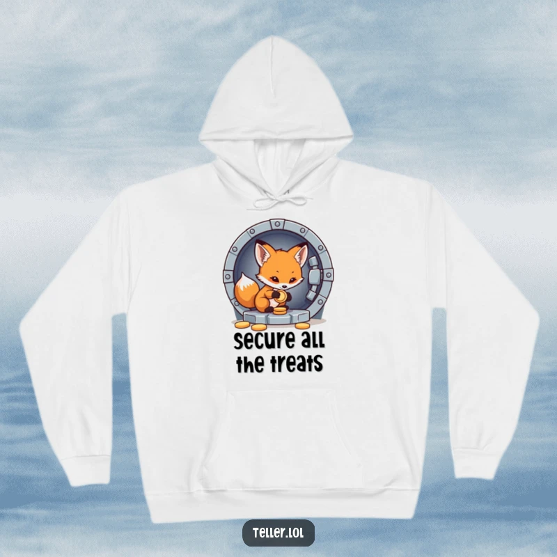 Funny hoodie featuring a little fox cub diligently placing a coin into a sturdy vault, symbolizing security.
