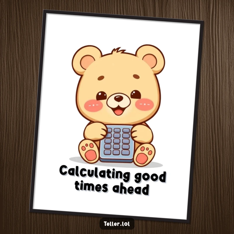Funny Free Printable Wall Art of a cheerful bear cub engrossed in using a calculator, perfect for home decor.