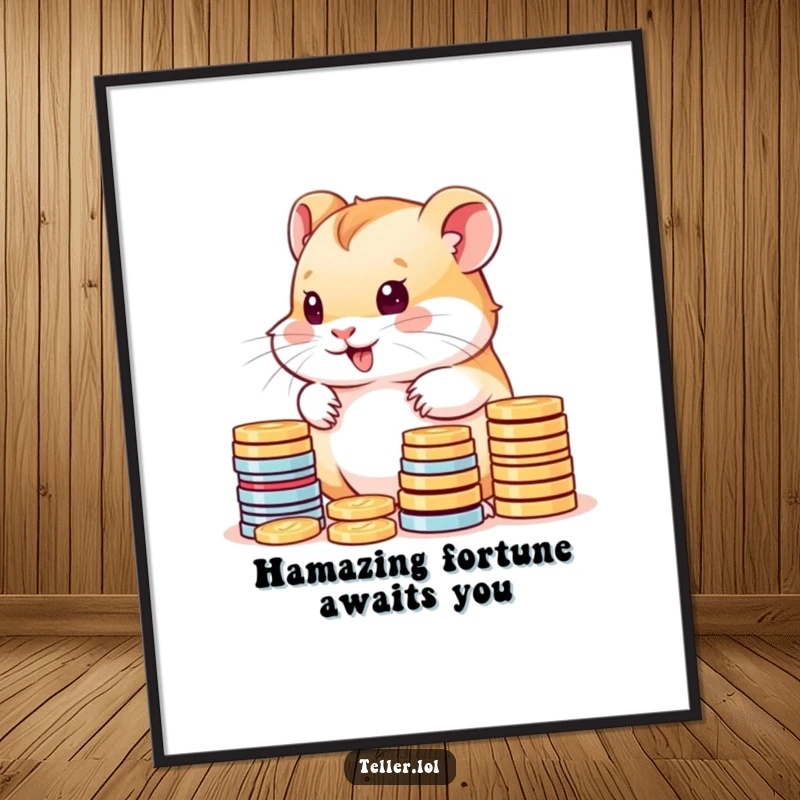 Funny Free Printable Wall Art: Cute hamster cub diligently counting piles of colorful coins, a whimsical addition to any decor.