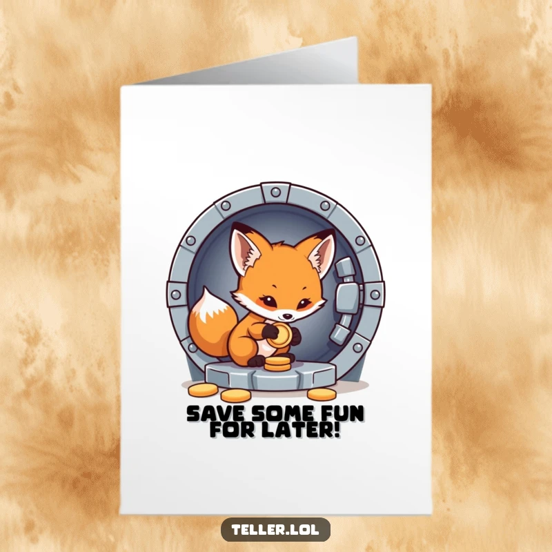 Funny Free Printable Birthday Card: Sly fox cub meticulously depositing a coin into a secure vault for a birthday surprise.