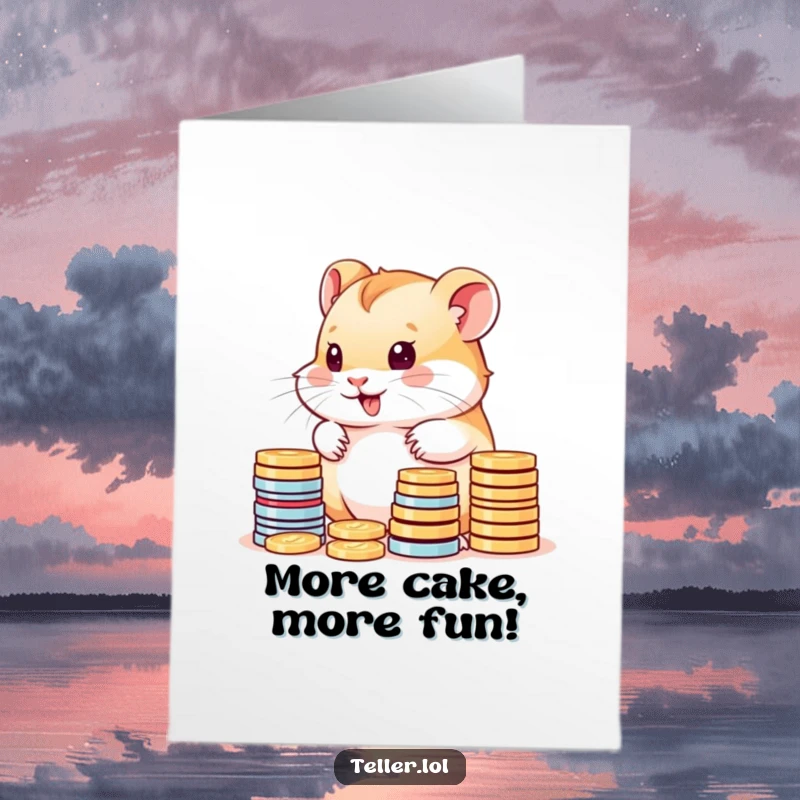Funny Free Printable Birthday Card: Cute hamster cub gleefully tallying piles of shiny, colorful coins for a birthday surprise.