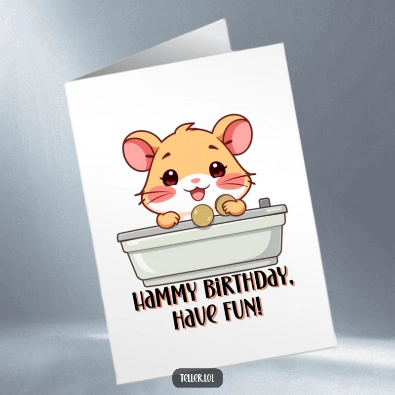 Funny Free Printable Birthday Card: A happy hamster behind a counter happily hands over a shiny coin, celebrating.