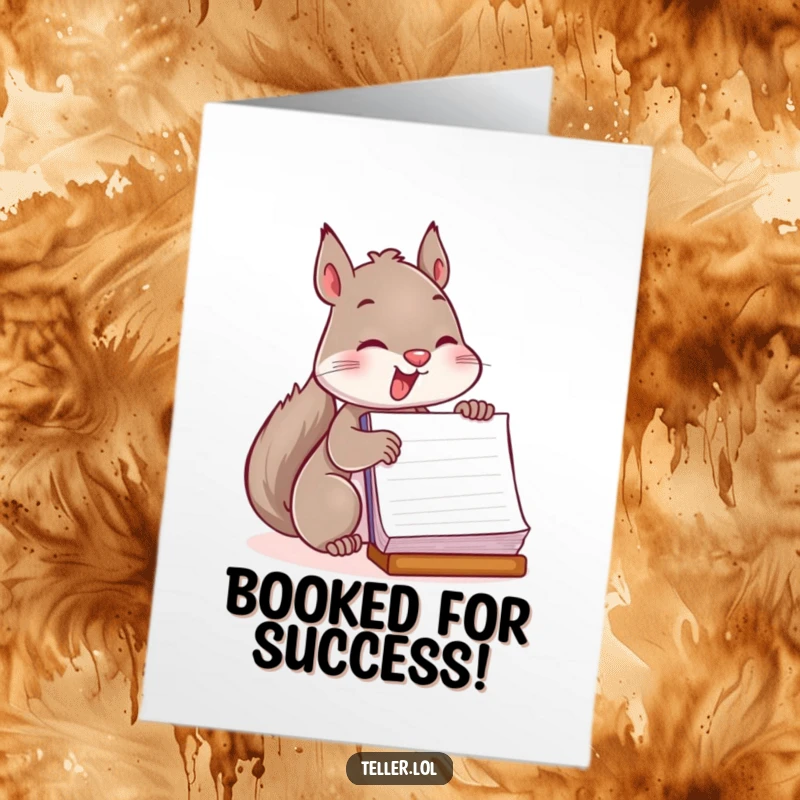 Funny Free Printable Congratulations Card: Playful squirrel with gusto stamping a substantial ledger, signifying a momentous achievement.