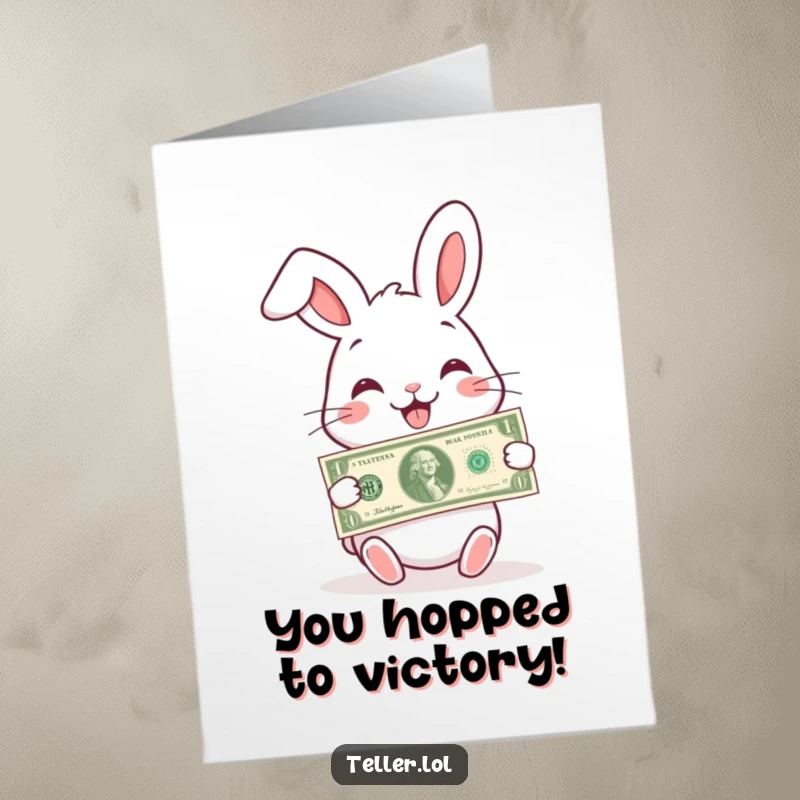 Funny Free Printable Congratulations Card: Cheerful rabbit presenting a banknote with a wide smile, celebrating a job well done.