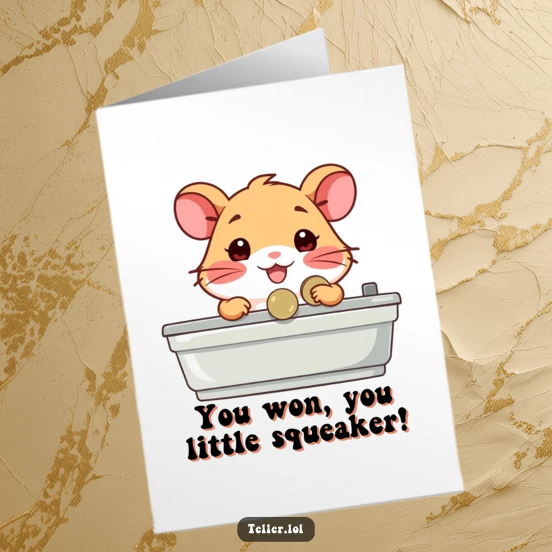 Funny Free Printable Congratulations Card: A happy hamster behind a counter gives a coin, celebrating a successful deal.