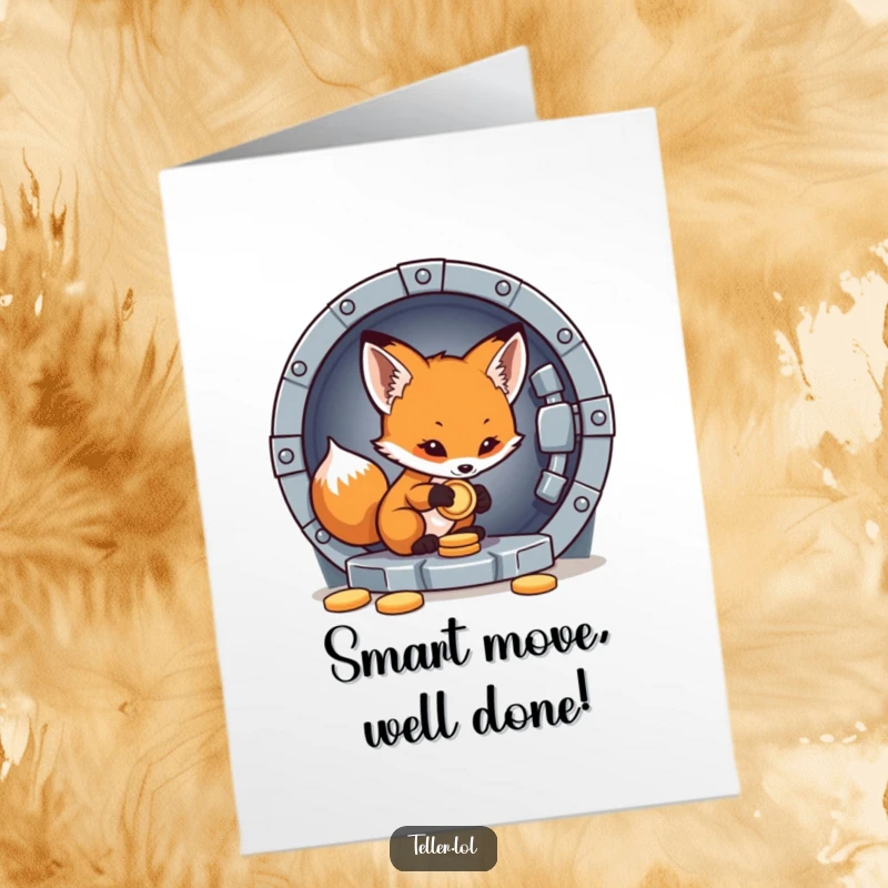 Funny Free Printable Congratulations Card: Cunning fox cub carefully placing a coin into a vault, symbolizing secure future gains.