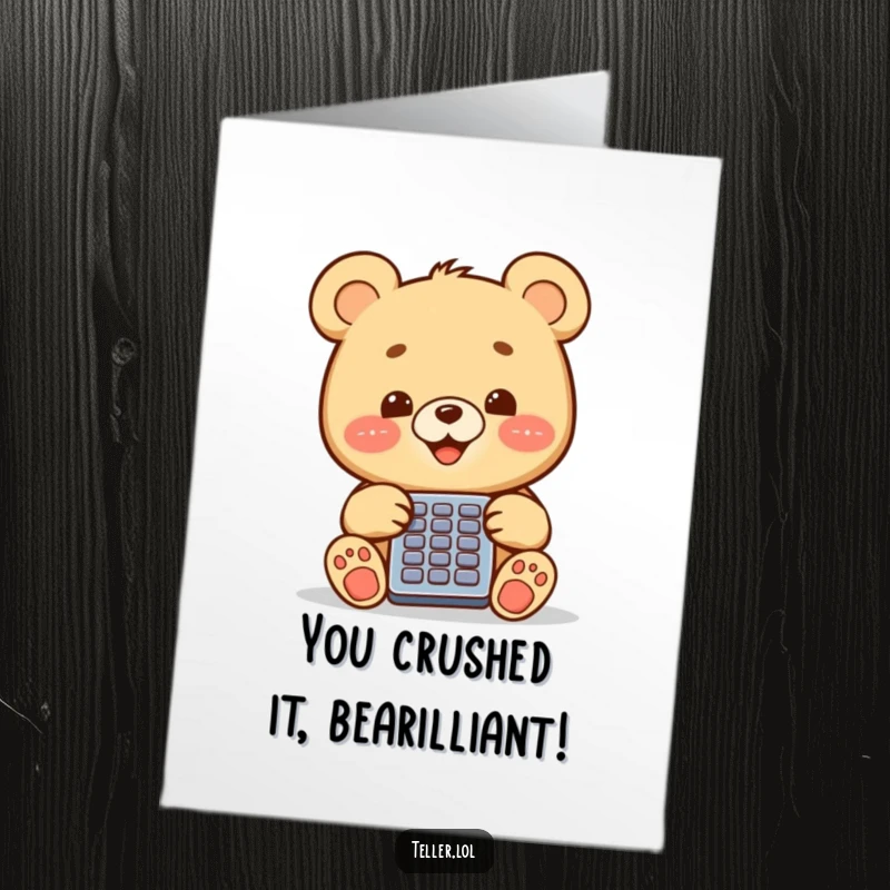 Funny Free Printable Congratulations Card showing a cheerful bear cub calculating success with a calculator.