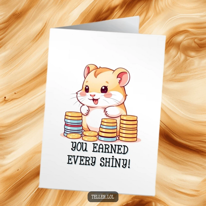 Funny Free Printable Congratulations Card: Adorable hamster cub meticulously counting stacks of vibrant coins, celebrating a big achievement.