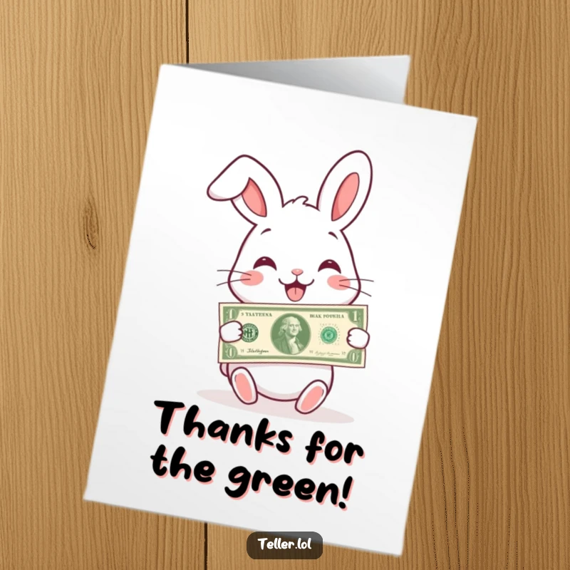 Funny Free Printable Thank You Card: Smiling rabbit offering a crisp banknote, a symbol of heartfelt thanks and generosity.