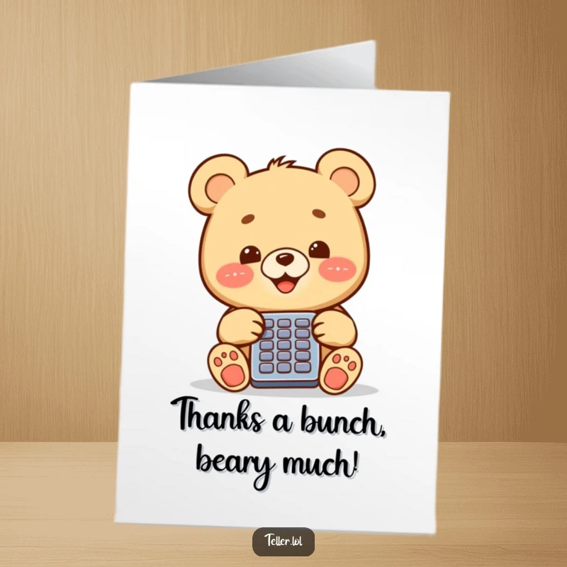 Funny Free Printable Thank You Card featuring a happy bear cub using a calculator to tally their thanks.