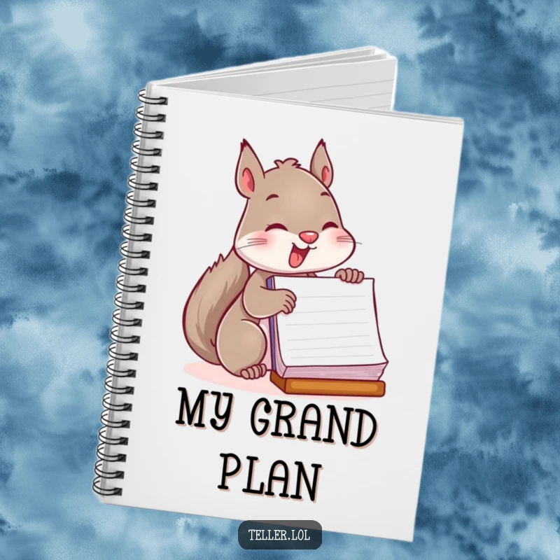 Funny notebook featuring a playful squirrel enthusiastically stamping a large ledger, perfect for writing.