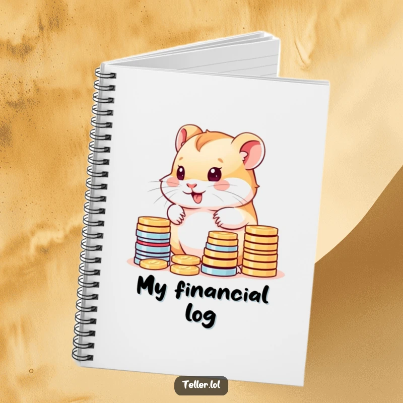 Funny notebook featuring a cute hamster cub happily counting stacks of colorful coins, perfect for writing.
