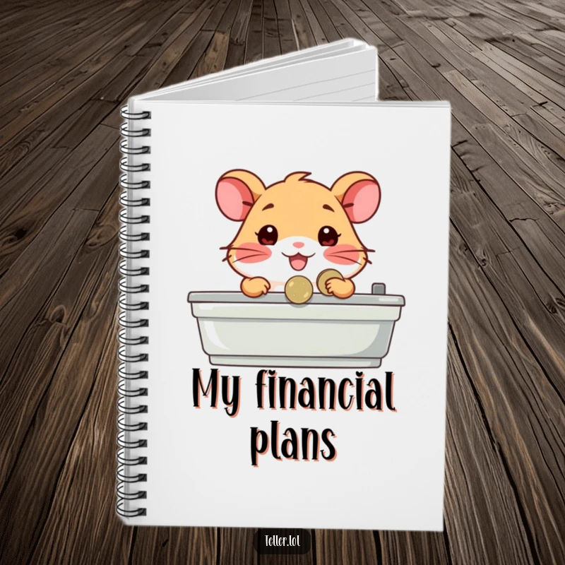 Funny notebook featuring a happy hamster character behind a counter, holding a coin, symbolizing financial planning and cute organization.