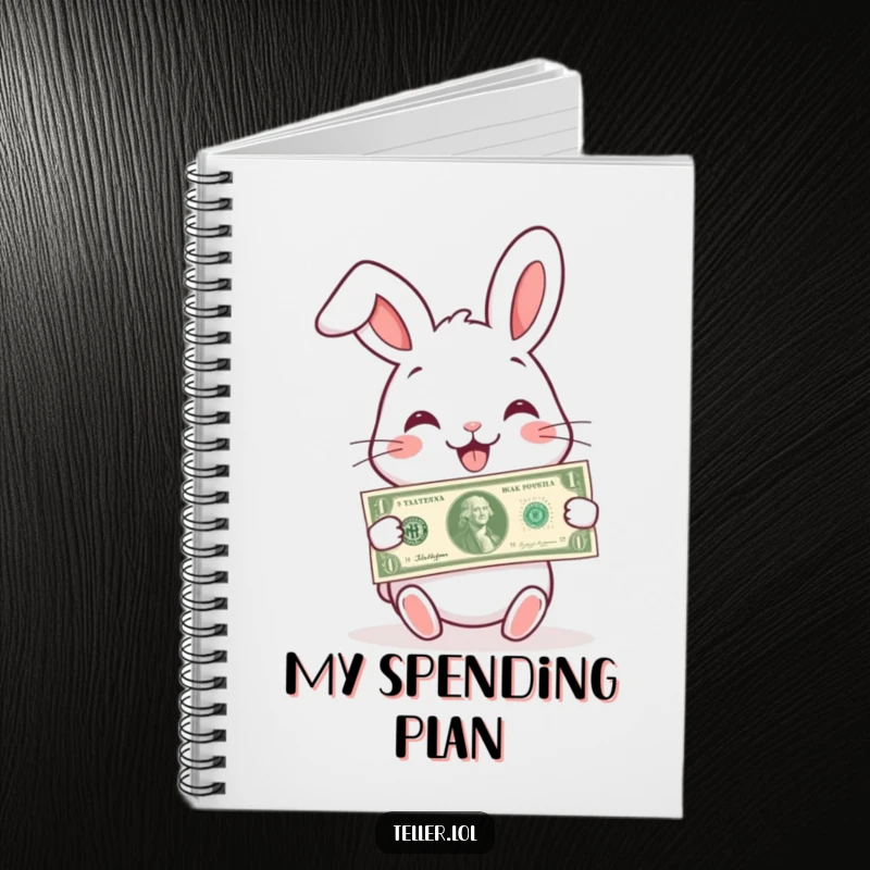 Funny notebook featuring a charming rabbit with a wide smile, handing over a banknote, perfect for writing.